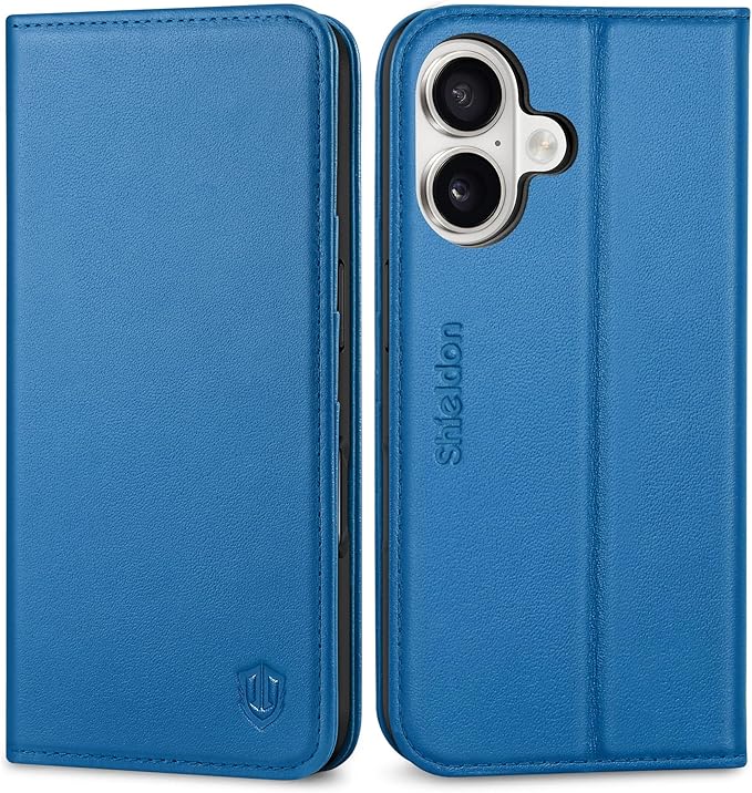 SHIELDON Wallet Case for iPhone 16 2024, Genuine Leather Folio Case with Kickstand, RFID Blocking Card Slots, Magnetic Shockproof Cover, Compatible with iPhone 16 5G 6.1" - Nappa Sapphire Blue