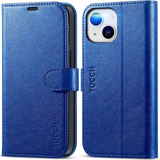 TUCCH Wallet Case for iPhone 14 6.1", Flip PU Leather Magnetic Protective Cover with [RFID Blocking] [4 Card Slots] Stand [TPU Interior Case] Compatible with iPhone 14 6.1, Klein Blue