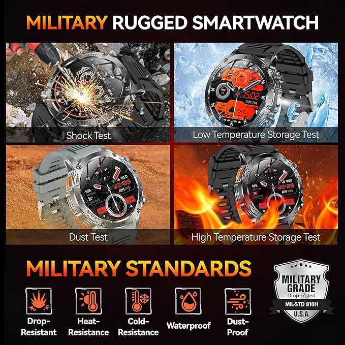 KPEP Military Smart Watches for Men, 1000mAh Battery/LED Flashlight/2 Straps/IP67 Waterproof Smartwatch, Stress/Blood Oxygen/Heart Rate/Sleep Monitor, Reminder, Fitness Tracker for iOS Android, Black