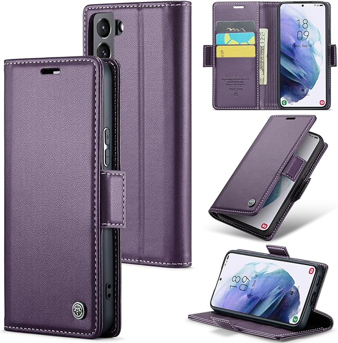 Case for Samsung Galaxy S21 Wallet Case, RFID Blocking PU Leather Flip Folio Cover Card Holder Kickstand Shockproof Phone Case Compatible with Samsung Galaxy S21, Purple