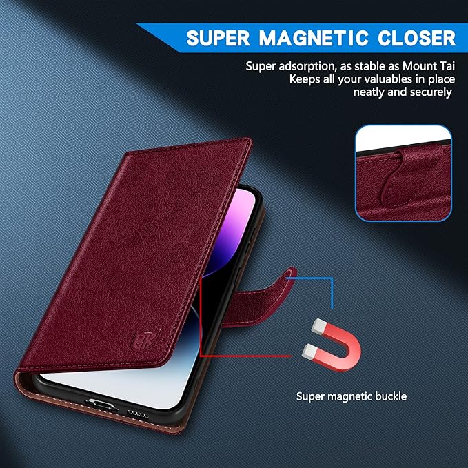 ZZXX for iPhone 14 Pro Max Wallet Case with [RFID Blocking] Card Slot Kickstand Magnetic Closure Leather Flip Fold Protective Phone Case for iPhone 14 Pro Max Case Wallet(Wine Red-6.7 inch)