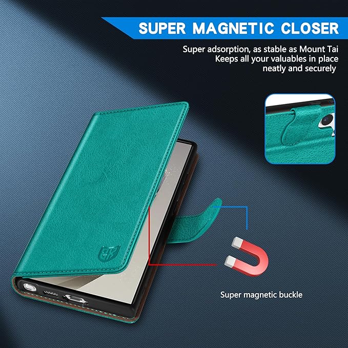 ZZXX for Samsung Galaxy S25 Ultra Wallet Case with [RFID Blocking] Card Slot Kickstand Magnetic Closure Leather Flip Fold Protective Phone Case for Galaxy S25 Ultra 5G Case Wallet(Lake Blue-6.8 inch)