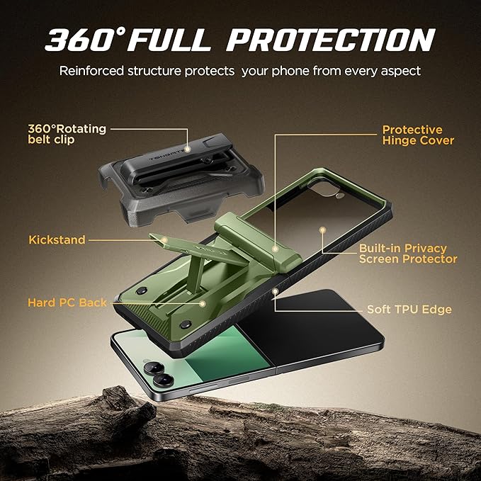TONGATE for Z Flip 7 Case with Privacy Screen Protector, [Stand & Belt-Clip] [Hinge Protection] [Anti-Slip], Full-Body Military Grade Protective Phone Case for Samsung Galaxy Z Flip 7 5g 2025, Green