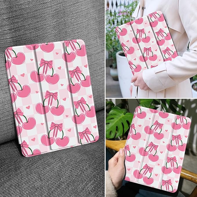 MEEgoodo Case for Samsung Galaxy Tab A9 Plus 11 inch Cover 2024 2023 with S Pen Holder,A9+ Smart Tablet Cases with Leather Trifold Stand+Soft TPU Back Shell+Smart Auto Wake/Sleep,Pink Cherries & Bows