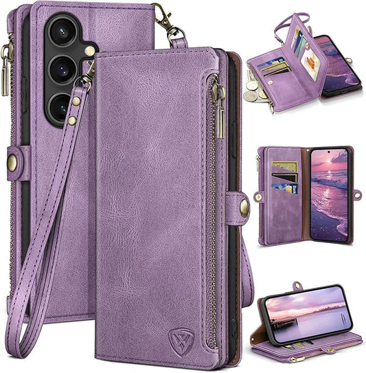 XcaseBar compatible with Samsung Galaxy S25 Wallet case with Zipper Credit Card Holder【RFID Blocking】,Flip Folio Book PU Leather Phone case Shockproof Cover Women Men for Samsung S25 case Lilac Purple