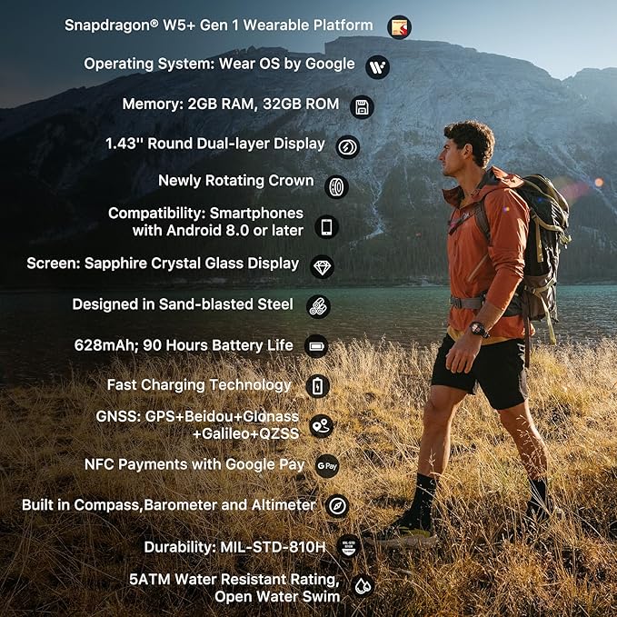 Ticwatch Atlas Smartwatch for Men Android Wear OS Smart Watch Outdoor 90 Hrs Battery 110+ Workout Modes Heat Map Fall Detection Health Fitness Tracker 5ATM GPS Compass Android Compatible Only