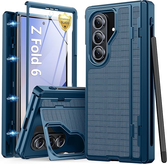 Oterkin for Samsung Galaxy Z Fold 6 Case Built-in Screen Protector [Thinner S Pen Holder & Kickstand] [Hinge Protection] Full Body Shockproof Phone Case for Z Fold 6, Blue