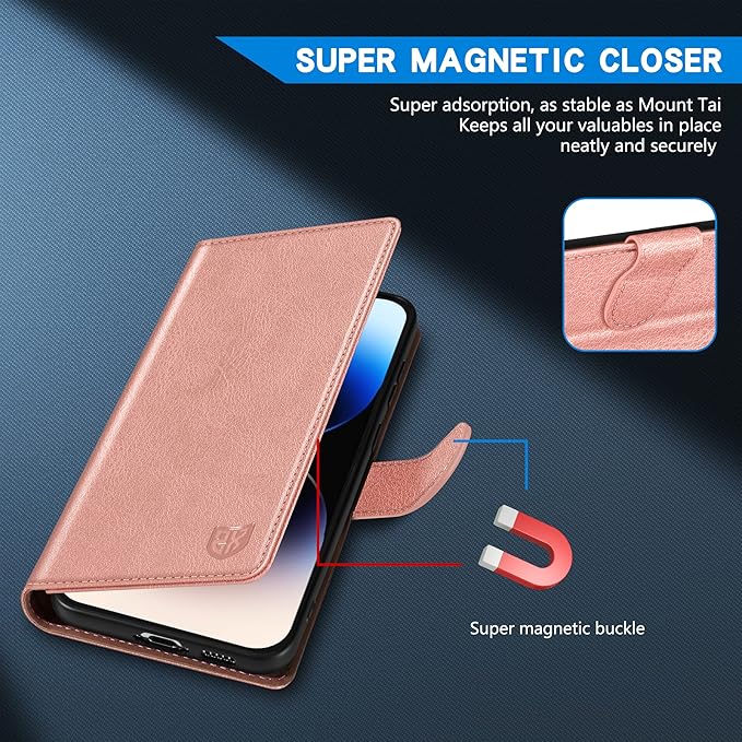 ZZXX for iPhone 14 Pro Wallet Case with [RFID Blocking] Card Slot Kickstand Magnetic Closure Leather Flip Fold Protective Phone Case for iPhone 14 Pro Case Wallet(Rose Gold-6.1 inch)