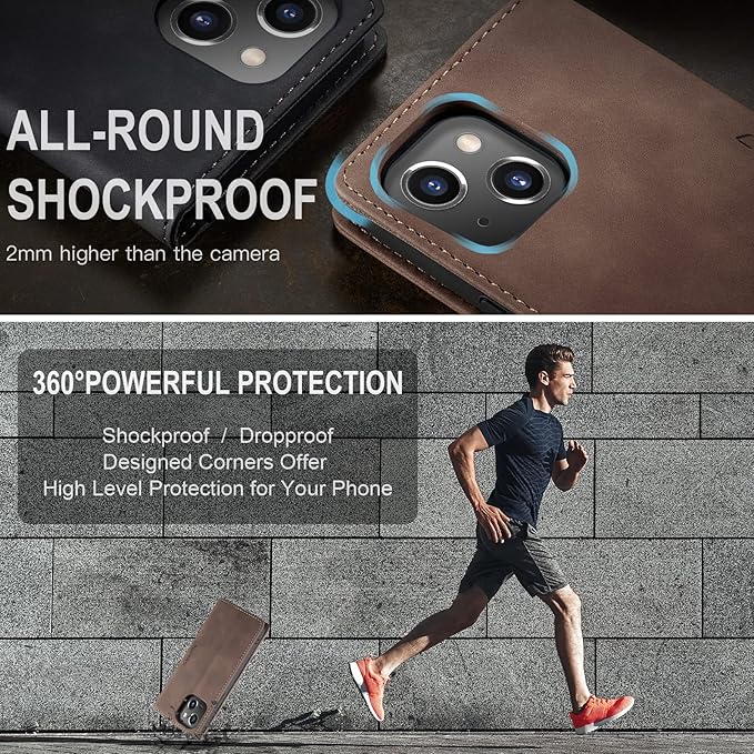 for iPhone 13 Case, Flip Wallet Leather Case with Card Holder Magnetic Closure Shockproof Kickstand Protective Phone Cases Cover for iPhone 13, Coffee