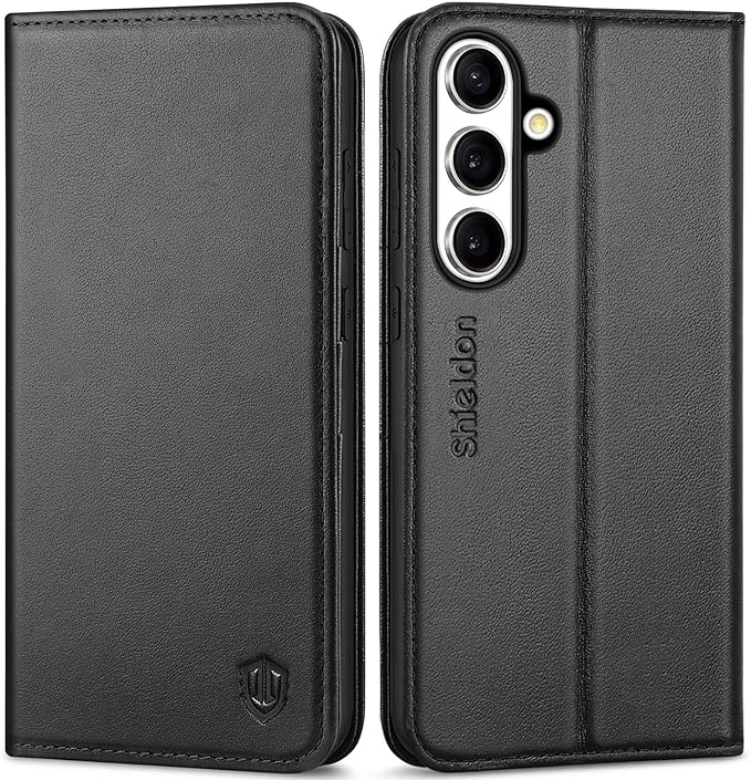 SHIELDON Case for Galaxy S25+ Plus 6.7", Genuine Leather Folio Wallet Case with Kickstand RFID Blocking Card Holder Magnetic Full Protection Phone Cover Compatible with Galaxy S25+ 2025 - Nappa Black