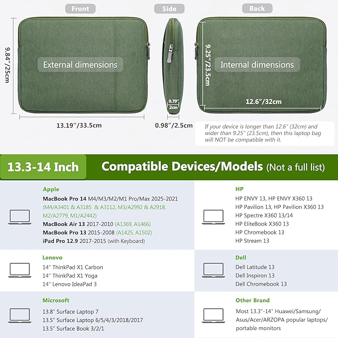 HYZUO 13.3-14 Inch Laptop Sleeve Bag Set for MacBook Pro 14 M4/M3/M2/M1, MacBook Air/Pro 13.3, 13.5"/13.8" Surface Book/Laptop, Notebook Case for 13.3" HP Dell Lenovo Asus Acer, Grass Green