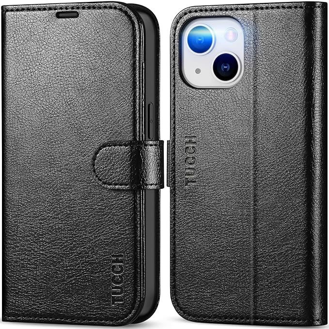 TUCCH Wallet Case for iPhone 14, [RFID Blocking] [4 Card Slots] TPU Interior Protective Case, Magnetic Folio Shockproof PU Leather Stand Flip Cover Compatible with iPhone 14 6.1 5G, Textured Black