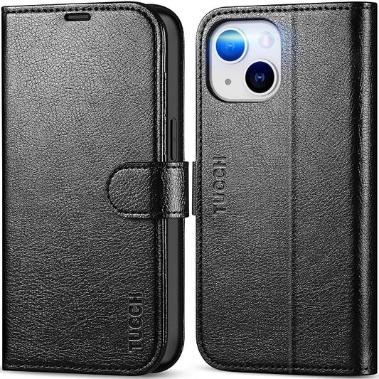 TUCCH Wallet Case for iPhone 14, [RFID Blocking] [4 Card Slots] TPU Interior Protective Case, Magnetic Folio Shockproof PU Leather Stand Flip Cover Compatible with iPhone 14 6.1 5G, Textured Black