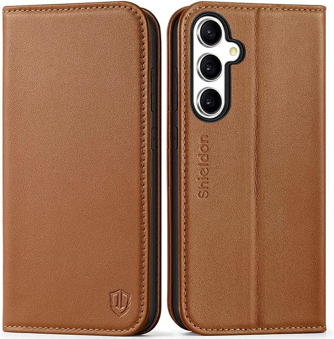 SHIELDON Case for Galaxy S25 Plus 5G, Genuine Leather Wallet Case with Kickstand RFID Blocking Card Holder Magnetic Shock Absorbing Cover Compatible with Galaxy S25+ 6.7" 2025 - Nappa Saddle Brown
