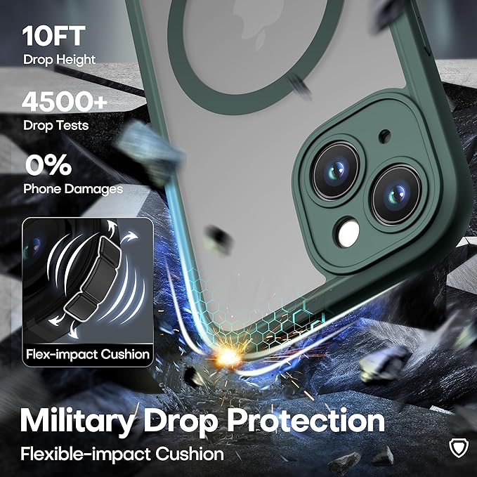 ImpactStrong Magnetic Guard Designed for iPhone 15 Case [Camera Protection] [Military Grade Drop Tested] [Compatible with MagSafe] Slim Translucent Matte Phone Case (6.1") - Dark Green