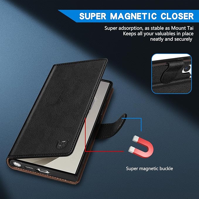 ZZXX for Samsung Galaxy S25 Ultra Wallet Case with [RFID Blocking] Card Slot Kickstand Magnetic Closure Leather Flip Fold Protective Phone Case for Galaxy S25 Ultra 5G Case Wallet(Black-6.8 inch)