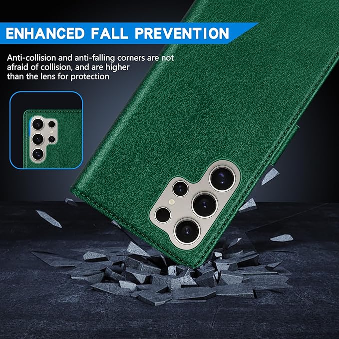 ZZXX for Samsung Galaxy S25 Ultra Wallet Case with [RFID Blocking] Card Slot Kickstand Magnetic Closure Leather Flip Fold Protective Phone Case for Galaxy S25 Ultra 5G Case Wallet(Green-6.8 inch)