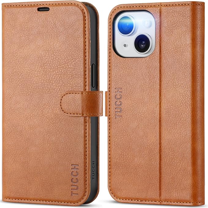 TUCCH Case Wallet for iPhone 15, [RFID Blocking] PU Leather Stand Folio Cover with 4 Card Slots [TPU Protective Interior Shell], Magnetic Flip Case Compatible with iPhone 15 6.1" 2023, Textured Brown