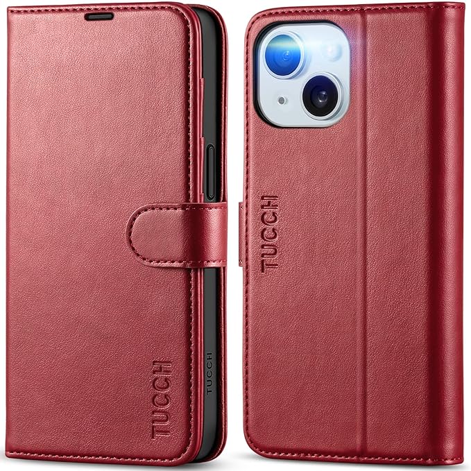 TUCCH Case Wallet for iPhone 15, [RFID Blocking] PU Leather Stand Folio Cover with 4 Card Slots [TPU Protective Interior Shell], Magnetic Flip Case Compatible with iPhone 15 5G 6.1-inch 2023, Dark Red