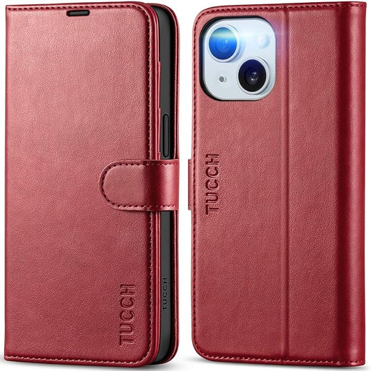 TUCCH Case Wallet for iPhone 15, [RFID Blocking] PU Leather Stand Folio Cover with 4 Card Slots [TPU Protective Interior Shell], Magnetic Flip Case Compatible with iPhone 15 5G 6.1-inch 2023, Dark Red