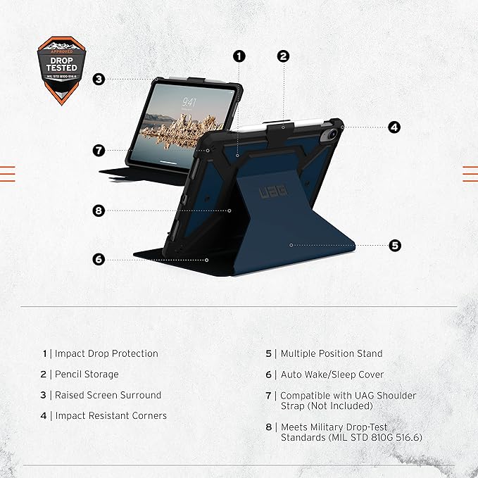 URBAN ARMOR GEAR UAG Designed for iPad 11" A16 11th Gen 2025, 10.9" 10th Gen 2022 Case A3354 A3355 A2696 Rugged Protective Folio Cover w/Adjustable Stand & Pencil Holder, Metropolis SE Blue Mallard