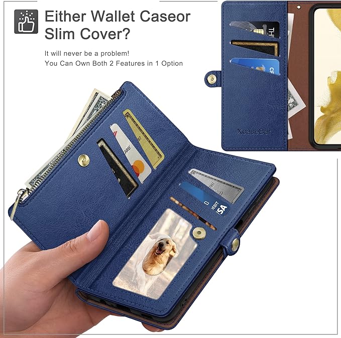 XcaseBar Compatible with iPhone 17 6.3" Wallet case with Zipper Credit Card Holder【RFID Blocking】,Flip Folio Book PU Leather Phone case Shockproof Cover Women Men for Apple 17 case Blue