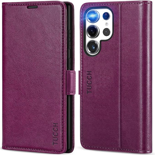 TUCCH Case Wallet for Galaxy S25 Ultra, Kickstand [RFID Blocking] Card Holder, Folio Magnetic PU Leather [TPU Shockproof Interior Case] Protective Cover Compatible with Galaxy S25 Ultra, Plum Purple