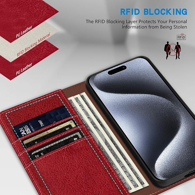 ZZXX for iPhone 15 Pro Wallet Case with [RFID Blocking] Card Slot Stand Strong Magnetic Leather Flip Fold Protective Phone Case for iPhone 15 Pro Case Wallet(Red-6.1 inch)