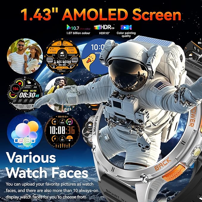 KPEP Military Smart Watches for Men with GPS, 1.43" AMOLED/2 Straps/LED Flashlight/IP68 Waterproof Smartwatch, Make/Answer Calls, 170+ Sport Modes, Compass, Fitness Tracker for iOS Android, Silver