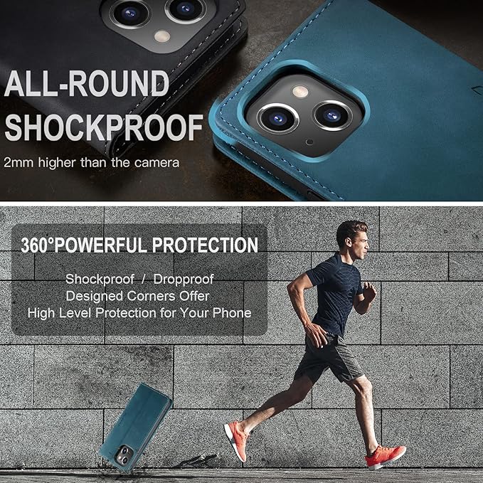 for iPhone 14 Case, Flip Wallet Leather Case with Card Holder Magnetic Closure Shockproof Kickstand Protective Phone Cases Cover for iPhone 14, Blue-Green