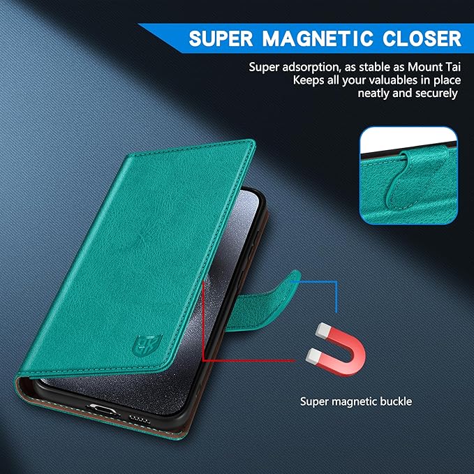 ZZXX for iPhone 15 Pro Wallet Case with [RFID Blocking] Card Slot Kickstand Magnetic Closure Leather Flip Fold Protective Phone Case for iPhone 15 Pro Case Wallet(Lake Blue-6.1 inch)