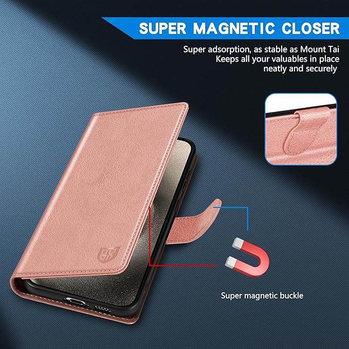 ZZXX for iPhone 15 Pro Max Wallet Case with [RFID Blocking] Card Slot Kickstand Magnetic Closure Leather Flip Fold Protective Phone Case for iPhone 15 Pro Max Case Wallet(Rose Gold-6.7 inch)