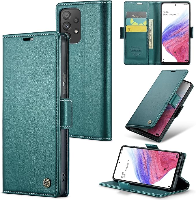 for Samsung Galaxy A53 5G Case, Premium PU Leather Wallet Case Flip Cover with [RFID Blocking][Card Holder][Stand Function] Shockproof Protective for Samsung Galaxy A53, Blue-Green