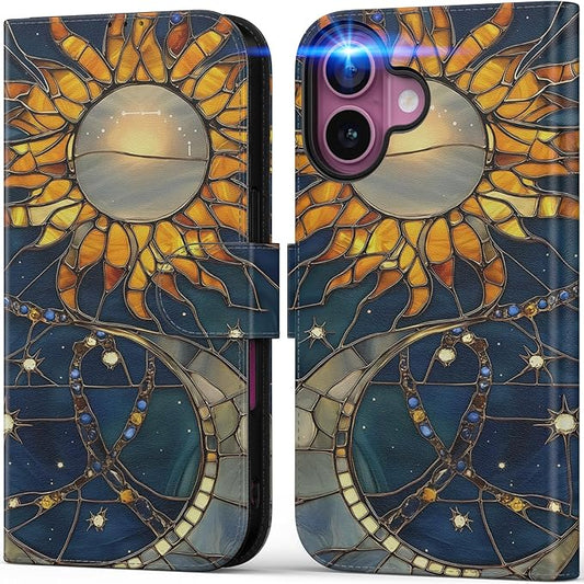 DEENAKIN for iPhone 16 Plus Wallet Case with Card Holder + Cash Clip, RFID-Blocking, Military-Grade Drop Protection, Magnetic Closure with Leather Kickstand - Solar Lunar Harmony