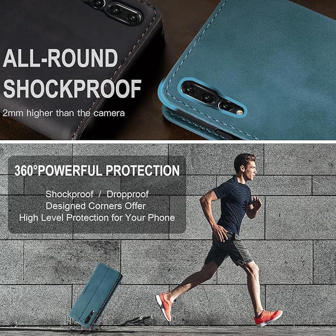 for Huawei P20 Pro Case, Flip Wallet Leather Case with Card Holder Magnetic Closure Shockproof Kickstand Protective Phone Cases Cover for Huawei P20 Pro,Blue-Green