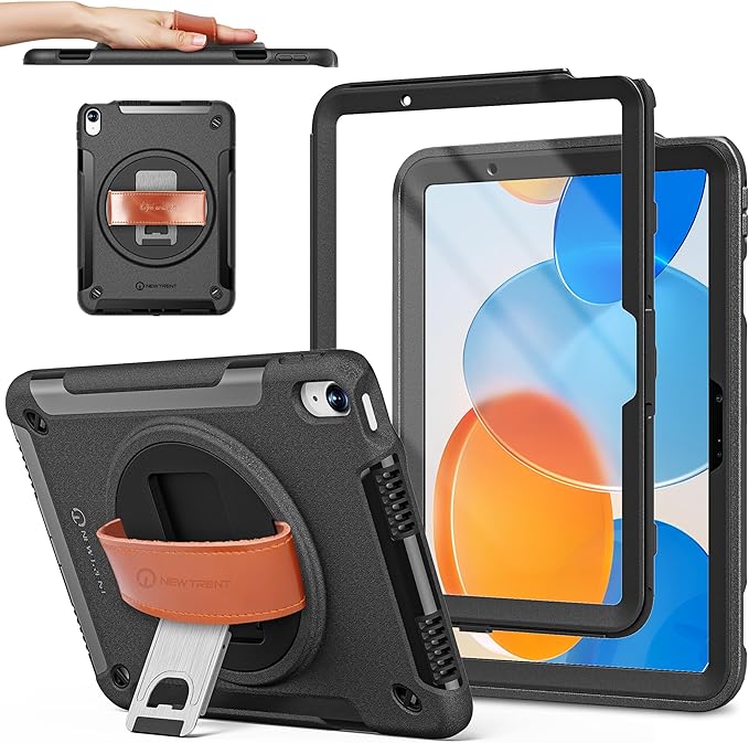 Original Rugged iPad Case for iPad 11 (A16) 11-inch (2025) & iPad 10th Gen 10.9-inch (2022) | 360° Rotating Kickstand, Genuine Leather Hand Strap, Built-in Screen Protector (Black 10 Pcs)