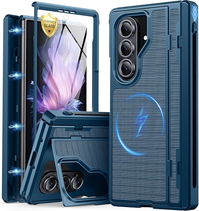 Oterkin Magnetic for Samsung Galaxy Z Fold 7 Case Built-in Screen Protector [Thinner S Pen Holder & Kickstand] [Fit for MagSafe] [Hinge Protection] Full Body Shockproof Phone Case for Z Fold 7, Blue-A