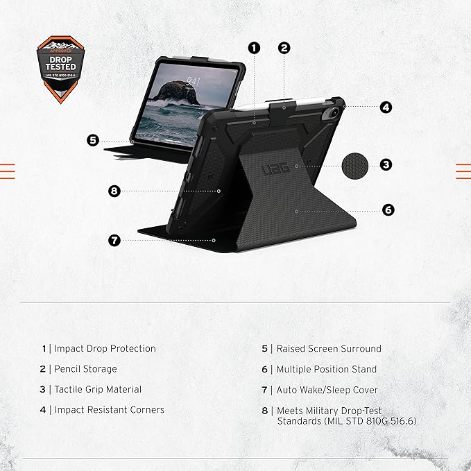 URBAN ARMOR GEAR UAG Designed for iPad 11" A16 11th Gen 2025, 10.9" 10th Gen 2022 Case A3354 A3355 A2696 Rugged Heavy Duty Protective Folio Cover w/Adjustable Stand & Pencil Holder, Metropolis Black