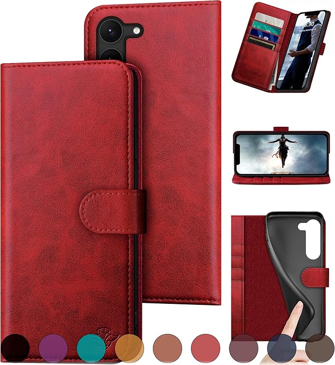 for Samsung Galaxy S23 5G Genuine Leather Wallet case 【RFID Blocking】【4 Credit Card Holder】【Real Leather】 Flip Folio Book Phone case Protective Cover Women Men for SamsungS23 case Red