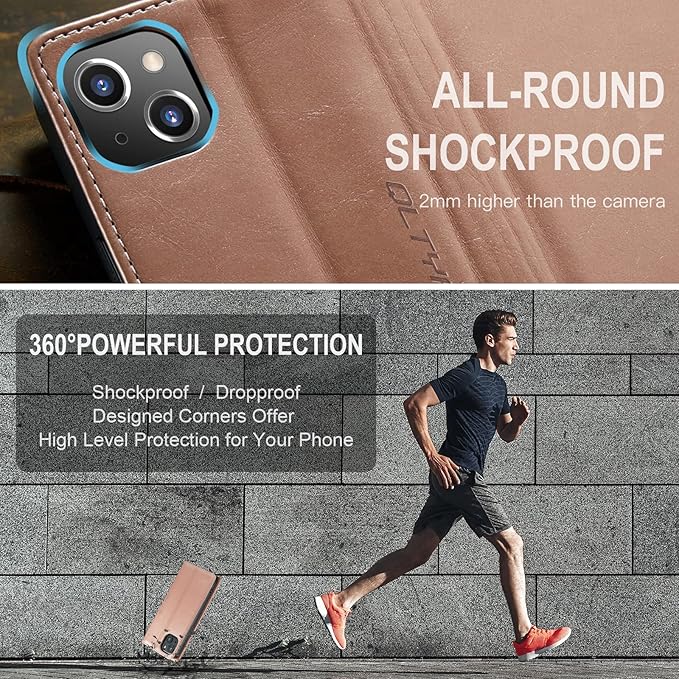 QLTYPRI Case for iPhone 14, Vintage PU Leather Wallet Case Card Slot Kickstand Magnetic Closure Shockproof Flip Folio Book Case Cover for iPhone 14(6.1 inch) - Rose Gold