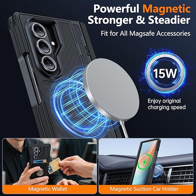 Oterkin Magnetic for Samsung Galaxy Z Fold 7 Case Built-in Screen Protector [Thinner S Pen Holder & Kickstand] [Fit for MagSafe] [Hinge Protection] Full Body Shockproof Phone Case for Z Fold 7, Black