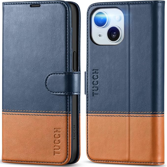 TUCCH Case Wallet Compatible with iPhone 15 6.1", Protective [TPU Shockproof Inner Shell], PU Leather [RFID Blocking] [4 Card Holder] Magnetic Closure Stand Flip Cover, Dark Blue & Light Brown