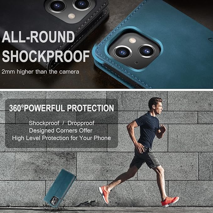 for iPhone 13 Case, Flip Wallet Leather Case with Card Holder Magnetic Closure Shockproof Kickstand Protective Phone Cases Cover for iPhone 13, Blue-Green