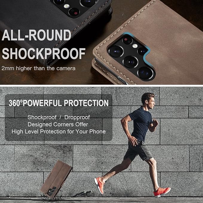 for Samsung Galaxy S22 Ultra Case, Flip Wallet Leather Case with Card Holder Magnetic Closure Shockproof Kickstand Protective Phone Cases Cover for Samsung S22 Ultra,Coffee