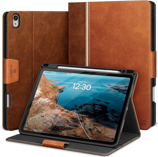 KingBlanc for iPad Air 11-inch Case M3 (2025) / M2 (2024), iPad Air 5th/4th Generation (2022/2020, 10.9") with Pencil Holder, Vegan Leather Stand Cover, Auto Sleep Wake, Viewing/Typing Angle, Brown