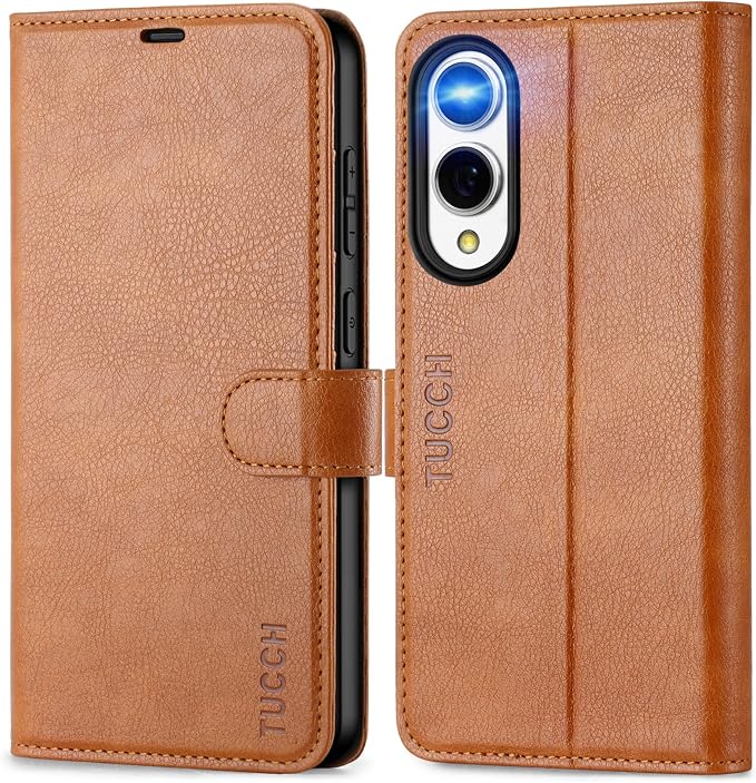 TUCCH Wallet Case for Galaxy S25 Edge, [RFID Blocking] Stand [4 Card Slots] Magnetic PU Leather Protective Folio Cover [TPU Shockproof Interior Case] Compatible with Galaxy S25 Edge 6.7", Light Brown