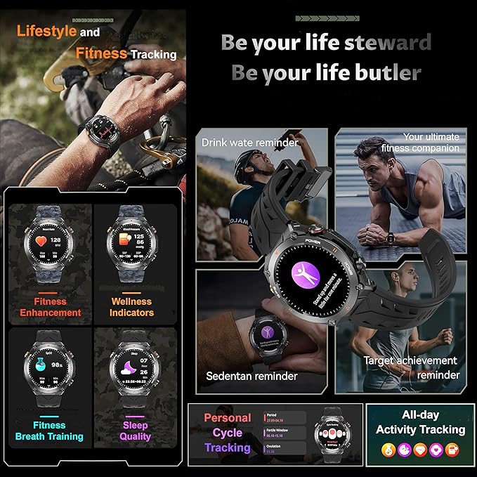 Military GPS Smart Watch: 1.45” IPS Screen, Built-In GPS, Altimeter, Barometer, Compass, Fitness/Wellness Tracker, BT Call, Games, Long Battery Life, 100+ Sports, Waterproof, AI Voice, Android/iOS