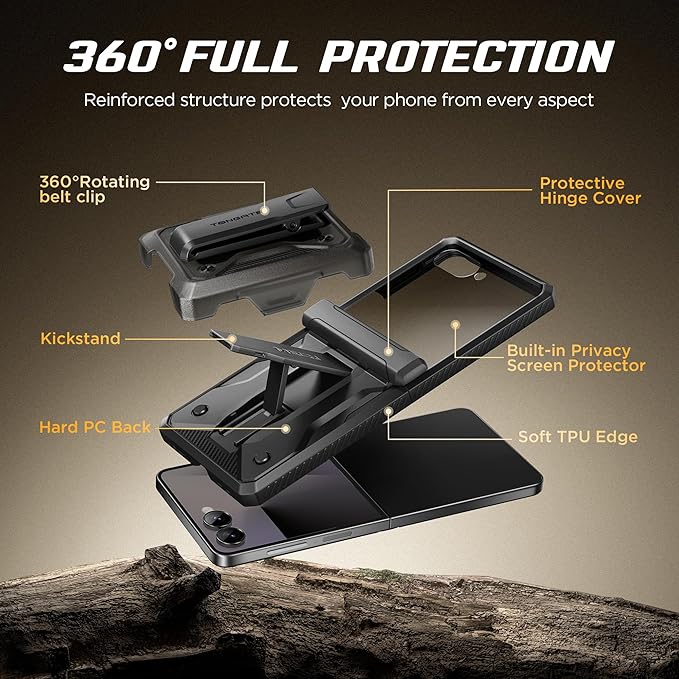 TONGATE for Z Flip 7 Case with Privacy Screen Protector, [Stand & Belt-Clip] [Hinge Protection] [Anti-Slip], Full-Body Military Grade Protective Phone Case for Samsung Galaxy Z Flip 7 5g 2025, Black