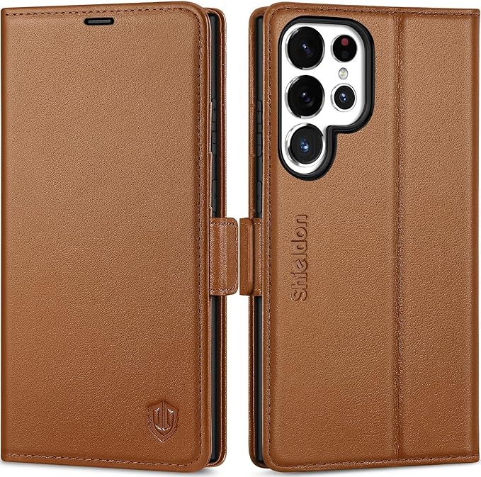 SHIELDON Case for Galaxy S25 Ultra, Genuine Leather Wallet Case with Kickstand RFID Blocking Card Holder Magnetic Shock Absorbing Cover Compatible with Galaxy S25 Ultra 6.9" 2025 - Nappa Saddle Brown
