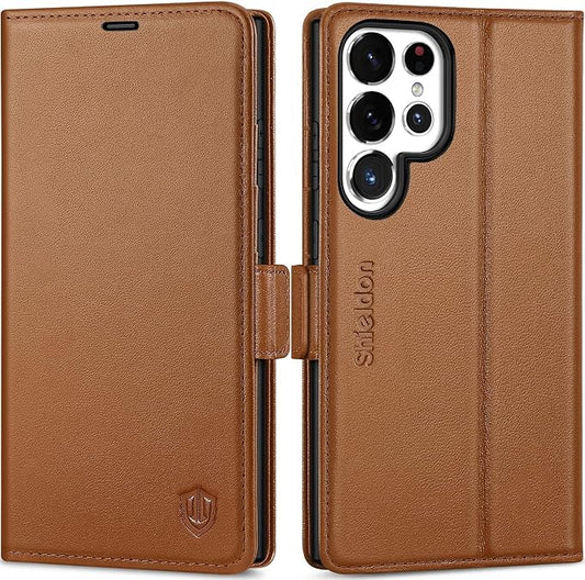 SHIELDON Case for Galaxy S25 Ultra, Genuine Leather Wallet Case with Kickstand RFID Blocking Card Holder Magnetic Shock Absorbing Cover Compatible with Galaxy S25 Ultra 6.9" 2025 - Nappa Saddle Brown